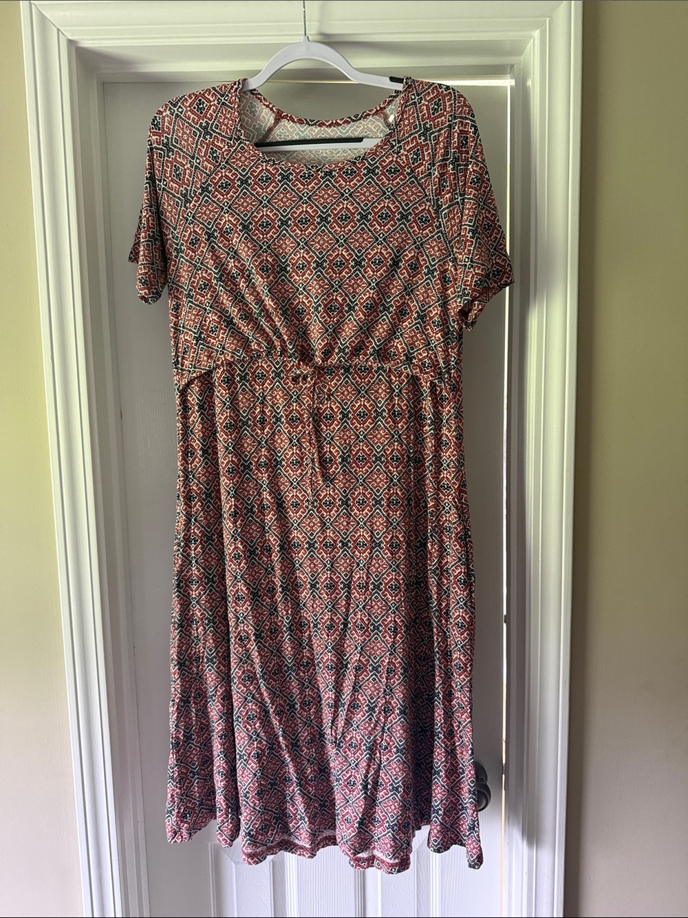Latched Mama Coral and Black Geometric Short-Sleeve Midi Dress